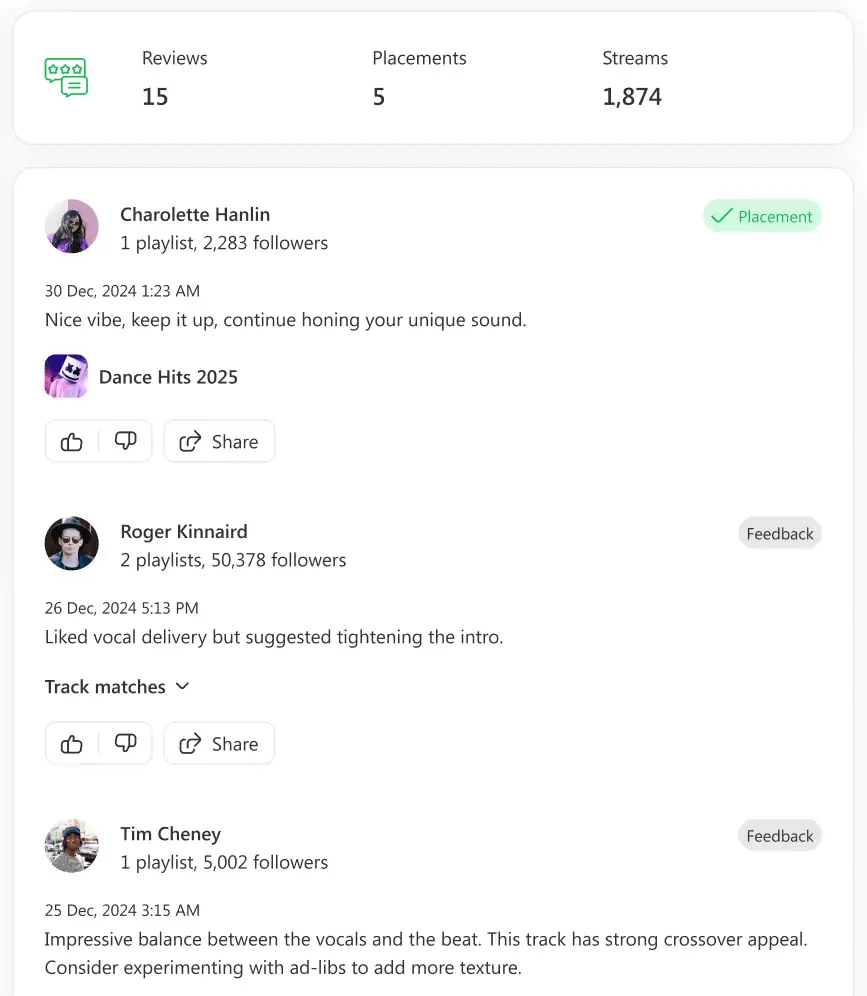 SoundCampaign Review - My campaign results - Feedbacks from curators